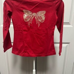 Kids Peekaboo Beans “Bowtastic Tee” Red Long Sleeve Shirt with Gold Bow Design